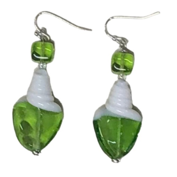 Hand Crafted Jewelry - HANDMADE Festive CHRISTMAS TREE Green Czech GLASS Lightbulb Earrings